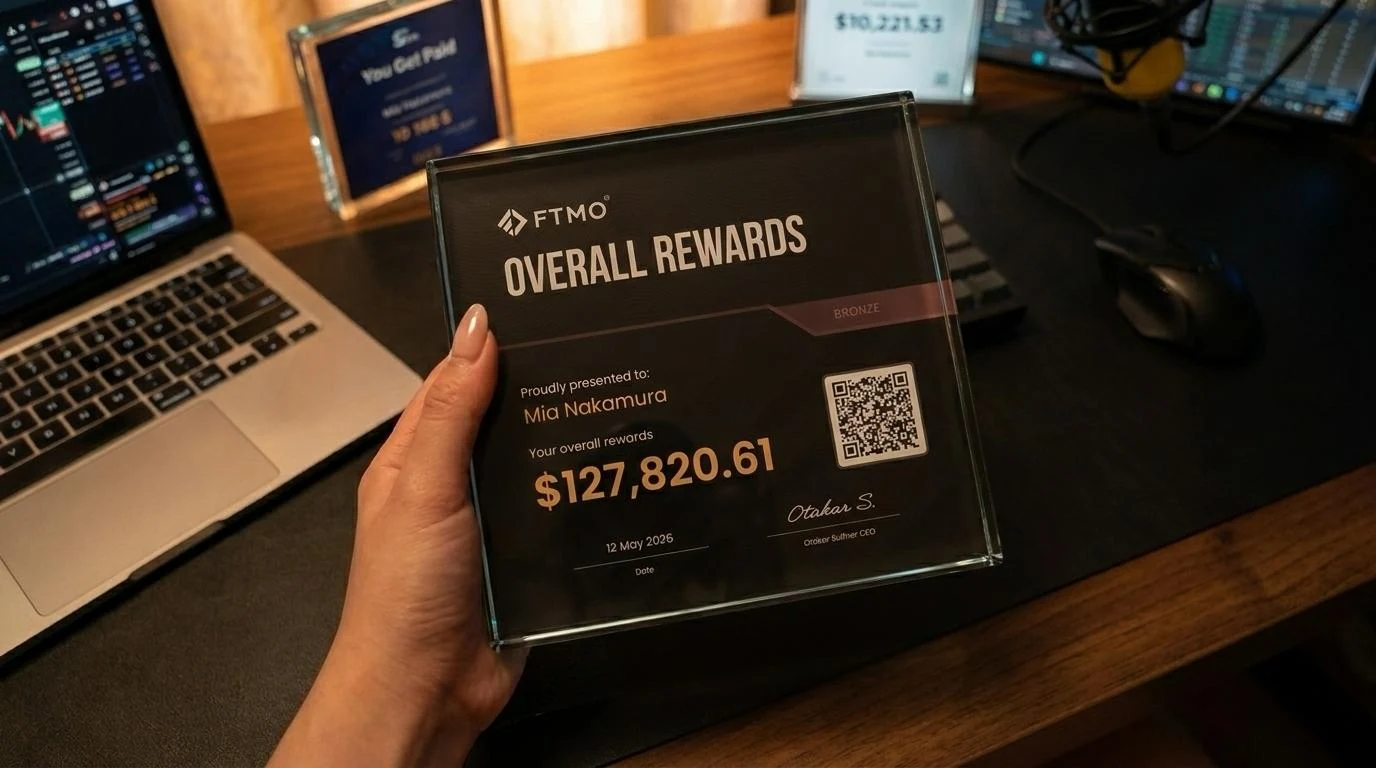 FTMO Overall Rewards Bronze Plaque on desk